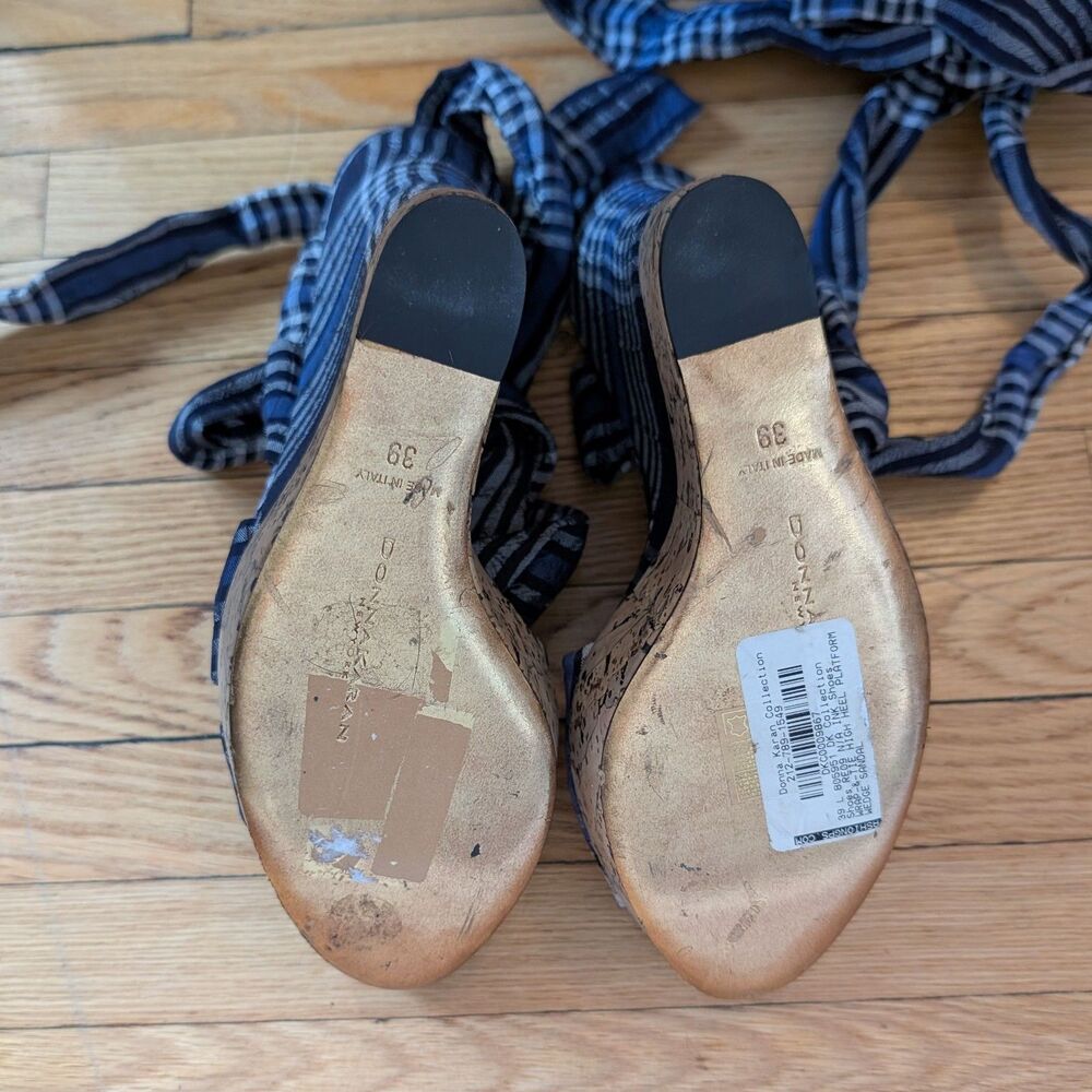 Donna Karan Cork Platform Sandal Madras Wedge Plaid Embossed Logo Designer 8.5 - Picture 8 of 12